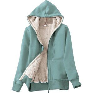 Women's Green Casual Full Zip Sherpa Lined Hoodie Sweatshirt Jacket Coat
